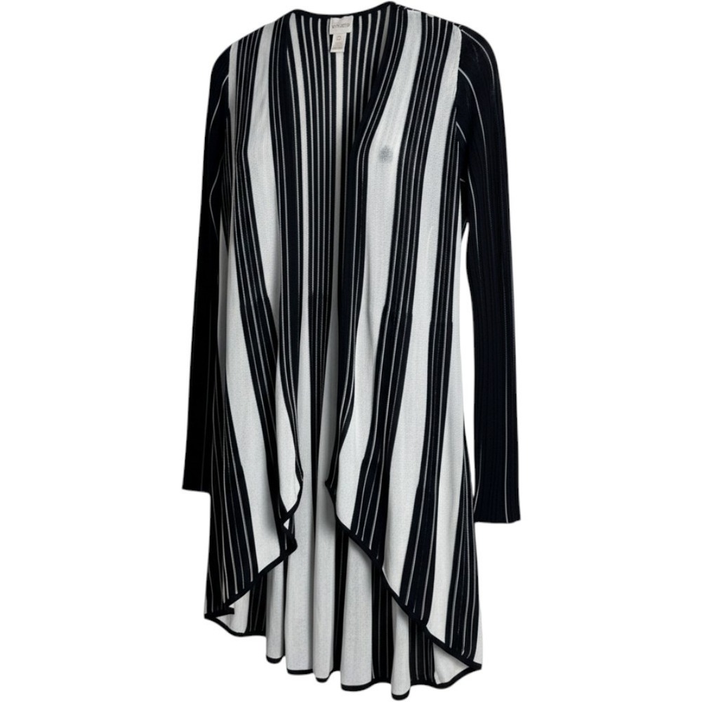 Chicos Open Front Striped Cardigan Duster Black White Lightweight Sz 0 0434